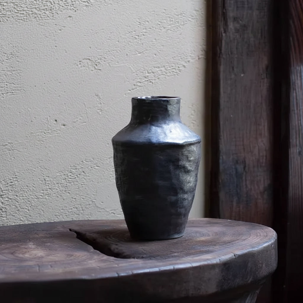 Wabi-Sabi Charcoal Hammered High-Shouldered Vase - Miss One