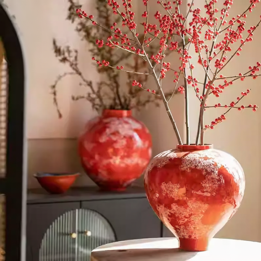 Wabi-Sabi Crimson Snow Glaze High-Shouldered Plum Vase - Miss One