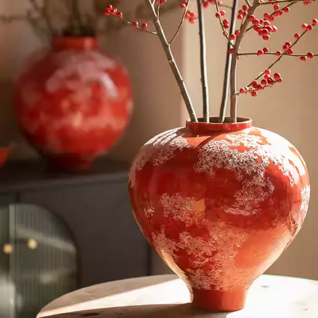 Wabi-Sabi Crimson Snow Glaze Bulbous Vase - Miss One