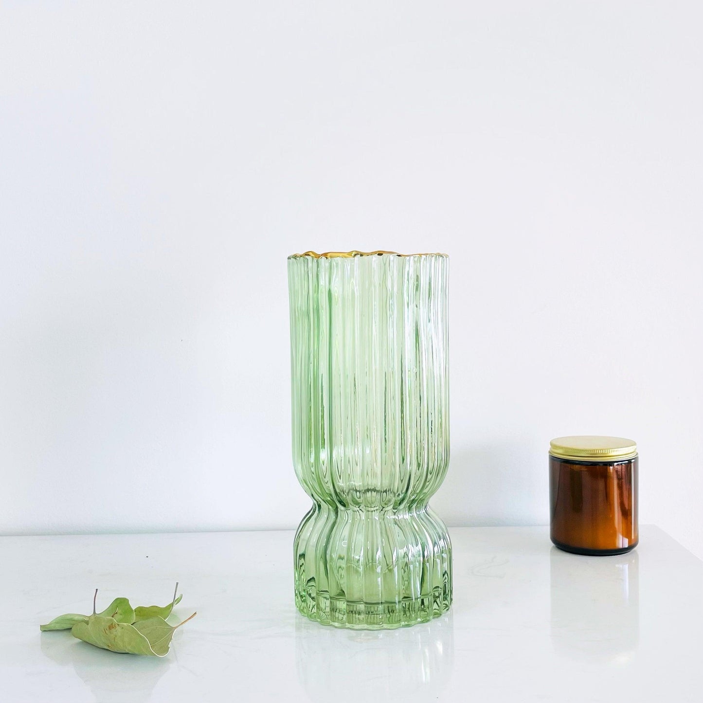 Waterfall Ribbed Glass Vase Rimmed Emerald - Miss One
