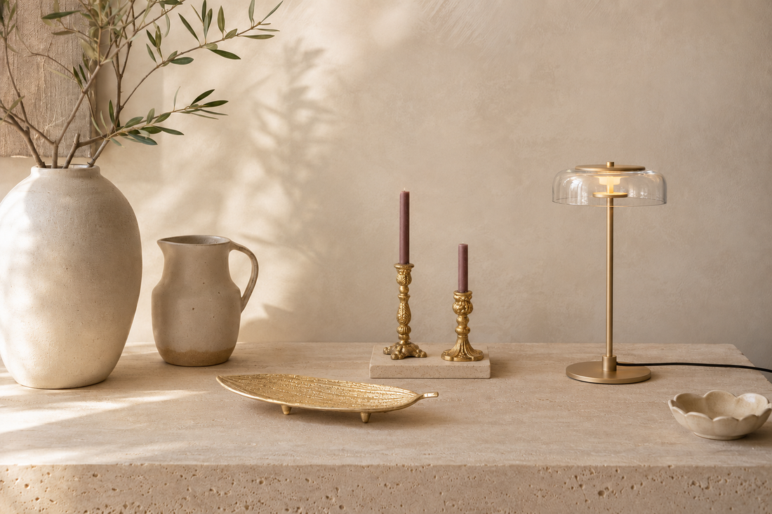 Gold home decor styled in a warm neutral Australian living room