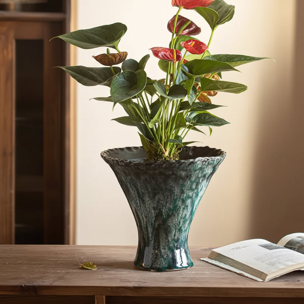 Wabi-Sabi Emerald Reactive Glaze Flared Planter - Miss One