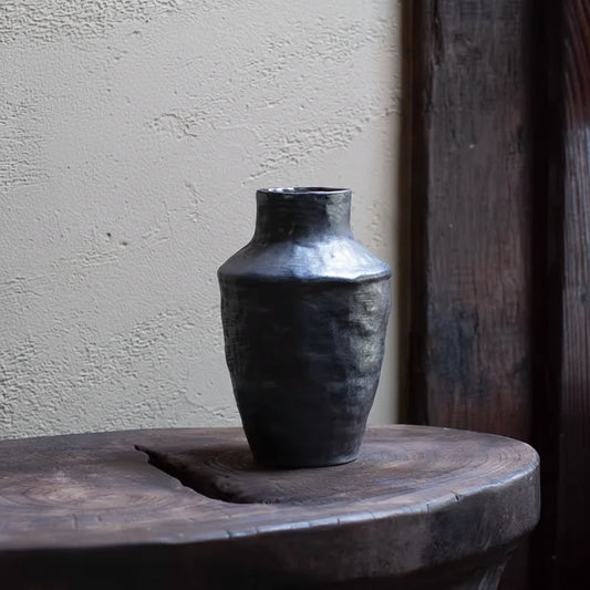 Wabi-Sabi Charcoal Hammered High-Shouldered Vase - Miss One