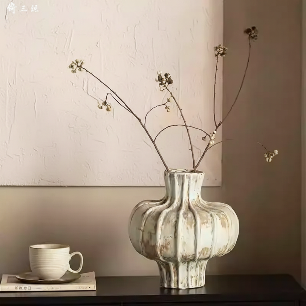 Wabi-Sabi Ribbed Azure Gourd Bud Vase