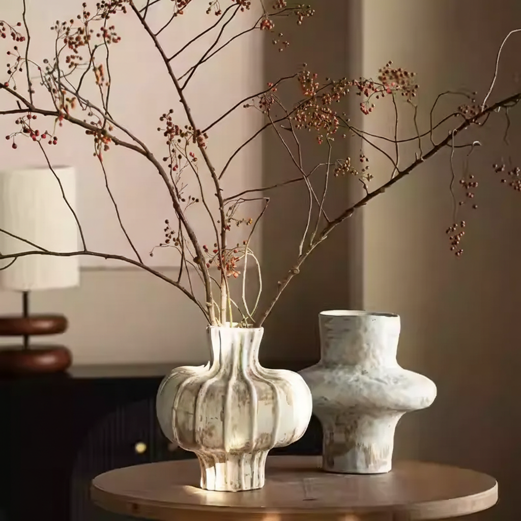 Wabi-Sabi Ribbed Azure Gourd Bud Vase