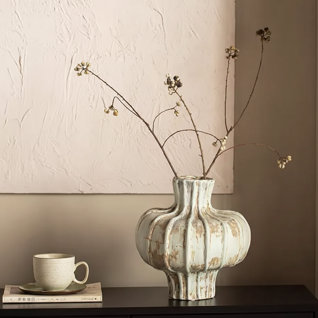 Wabi-Sabi Ribbed Azure Gourd Bud Vase