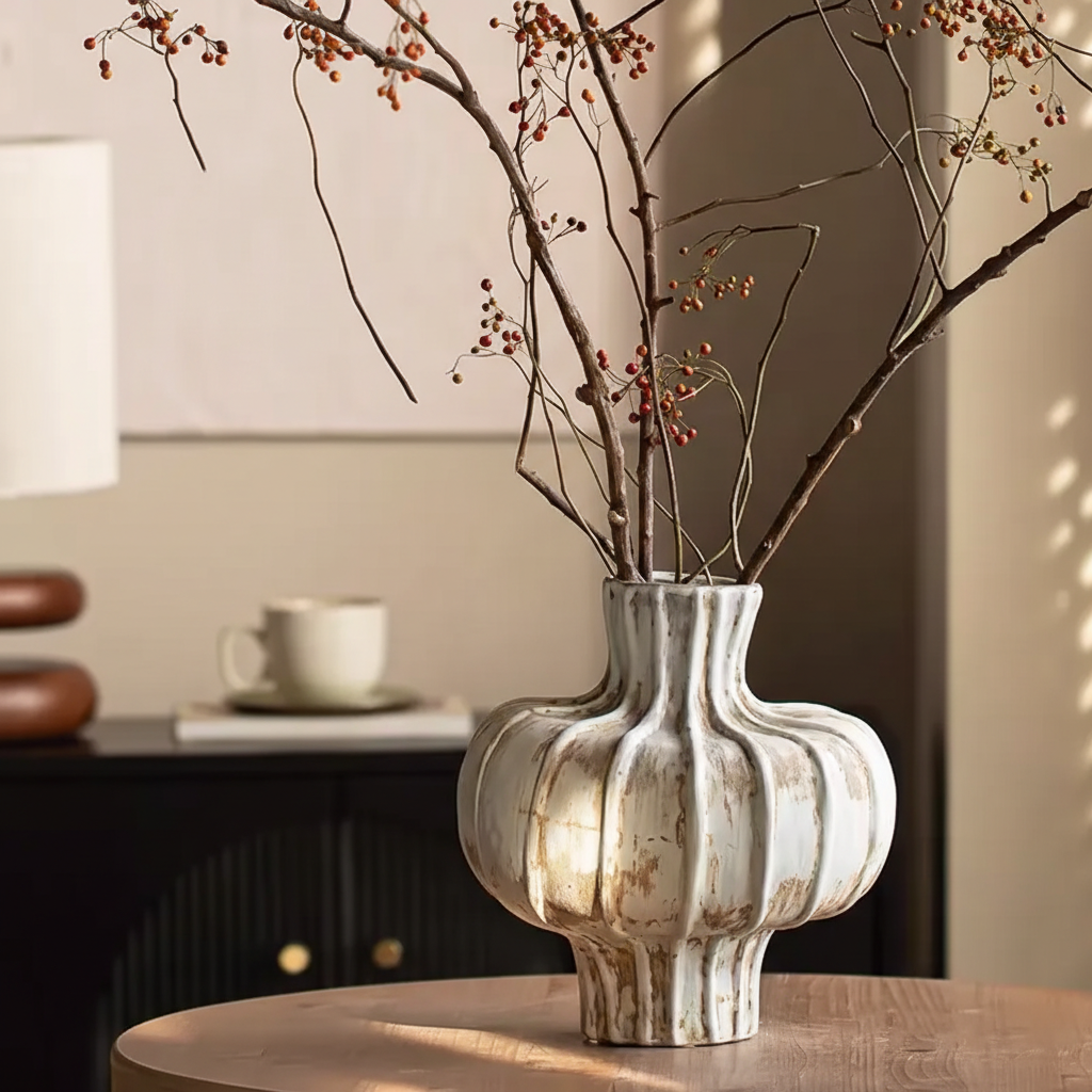 Wabi-Sabi Ribbed Azure Gourd Bud Vase